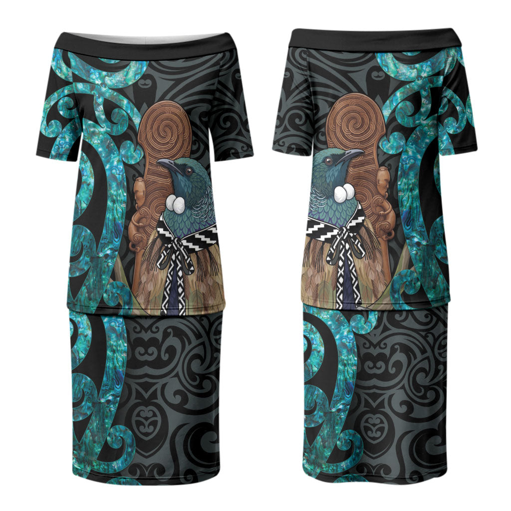 New Zealand Tui Bird Wahaika Family Matching Puletasi and Hawaiian Shirt Maori Weapon Paua Shell Koru Pattern