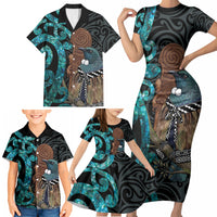 New Zealand Tui Bird Wahaika Family Matching Short Sleeve Bodycon Dress and Hawaiian Shirt Maori Weapon Paua Shell Koru Pattern