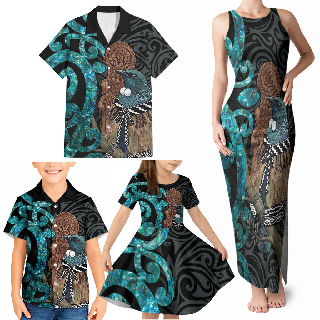 New Zealand Tui Bird Wahaika Family Matching Tank Maxi Dress and Hawaiian Shirt Maori Weapon Paua Shell Koru Pattern LT22 - Polynesian Pride