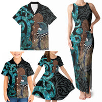 New Zealand Tui Bird Wahaika Family Matching Tank Maxi Dress and Hawaiian Shirt Maori Weapon Paua Shell Koru Pattern