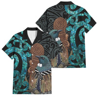New Zealand Tui Bird Wahaika Family Matching Tank Maxi Dress and Hawaiian Shirt Maori Weapon Paua Shell Koru Pattern