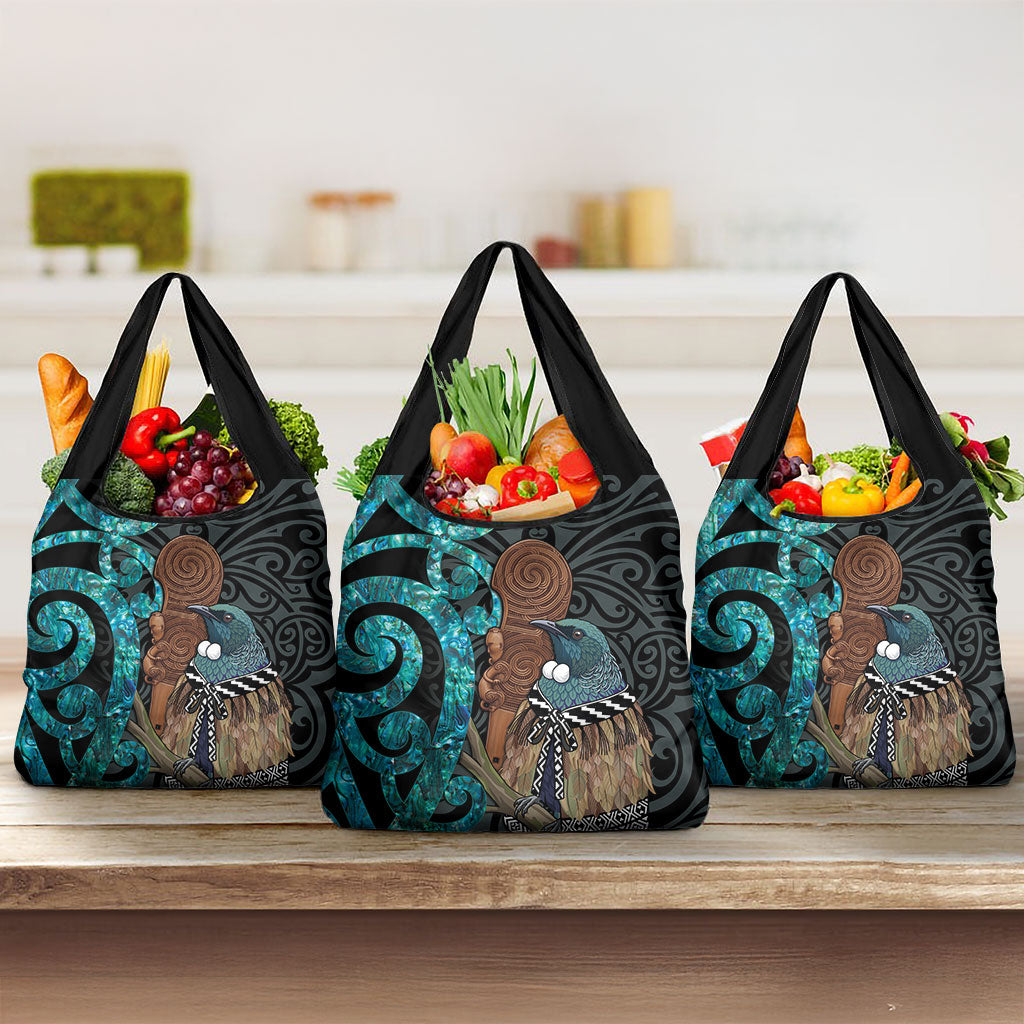 New Zealand Tui Bird Wahaika Grocery Bag Maori Weapon Paua Shell Koru Pattern