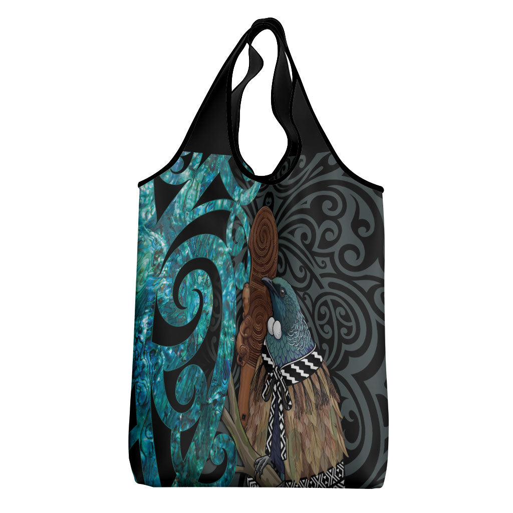 New Zealand Tui Bird Wahaika Grocery Bag Maori Weapon Paua Shell Koru Pattern