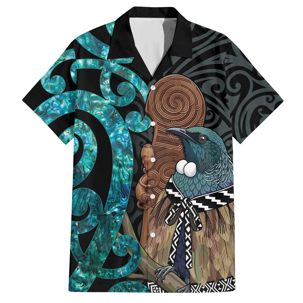 New Zealand Tui Bird Wahaika Hawaiian Shirt Maori Weapon Paua Shell Koru Pattern