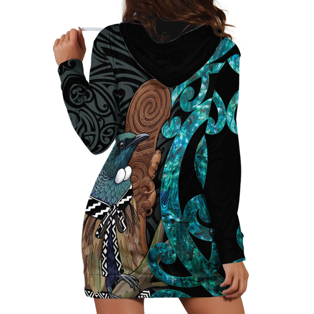 New Zealand Tui Bird Wahaika Hoodie Dress Maori Weapon Paua Shell Koru Pattern
