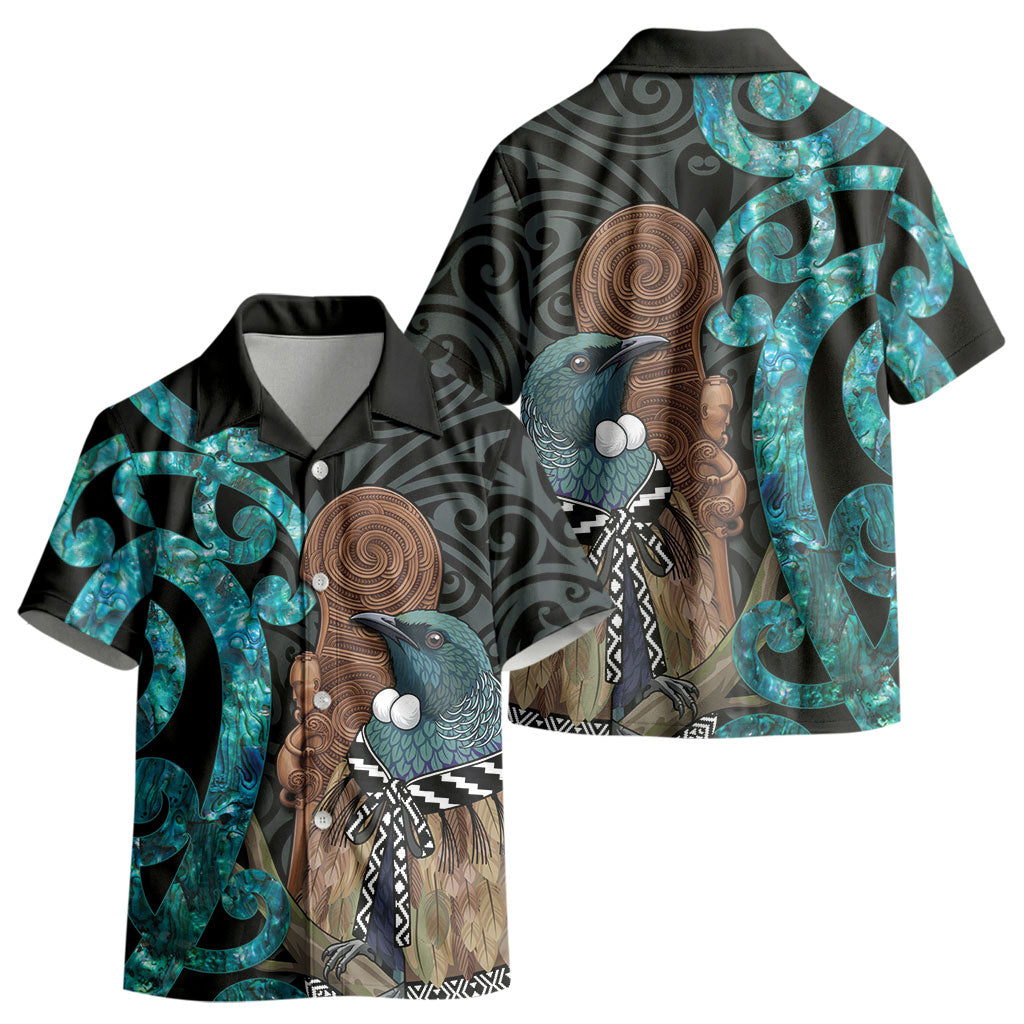 New Zealand Tui Bird Wahaika Kid Hawaiian Shirt Maori Weapon Paua Shell Koru Pattern LT22 - Polynesian Pride