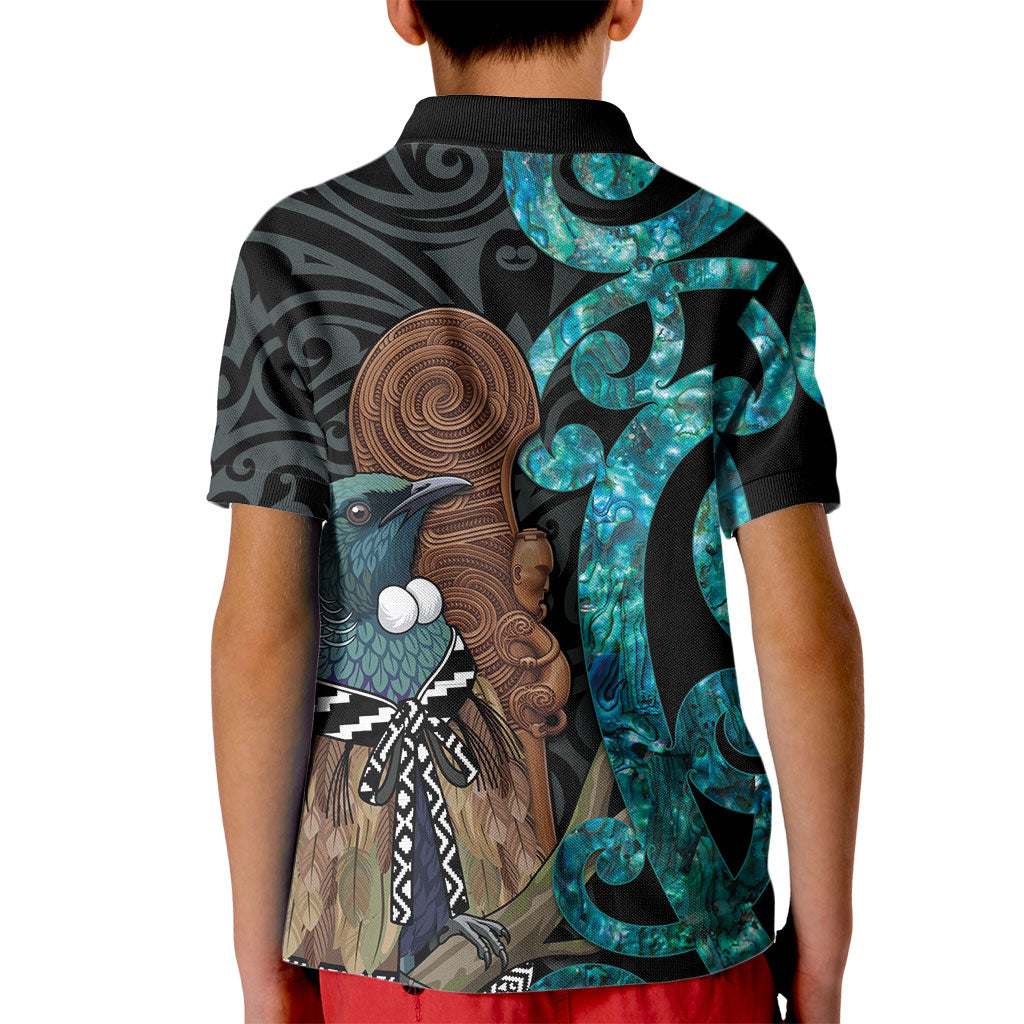New Zealand Tui Bird Wahaika Kid Polo Shirt Maori Weapon Paua Shell Koru Pattern