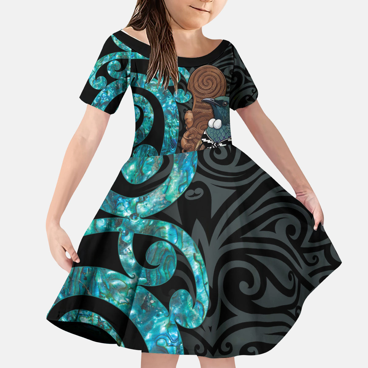 New Zealand Tui Bird Wahaika Kid Short Sleeve Dress Maori Weapon Paua Shell Koru Pattern LT22 KID Black - Polynesian Pride