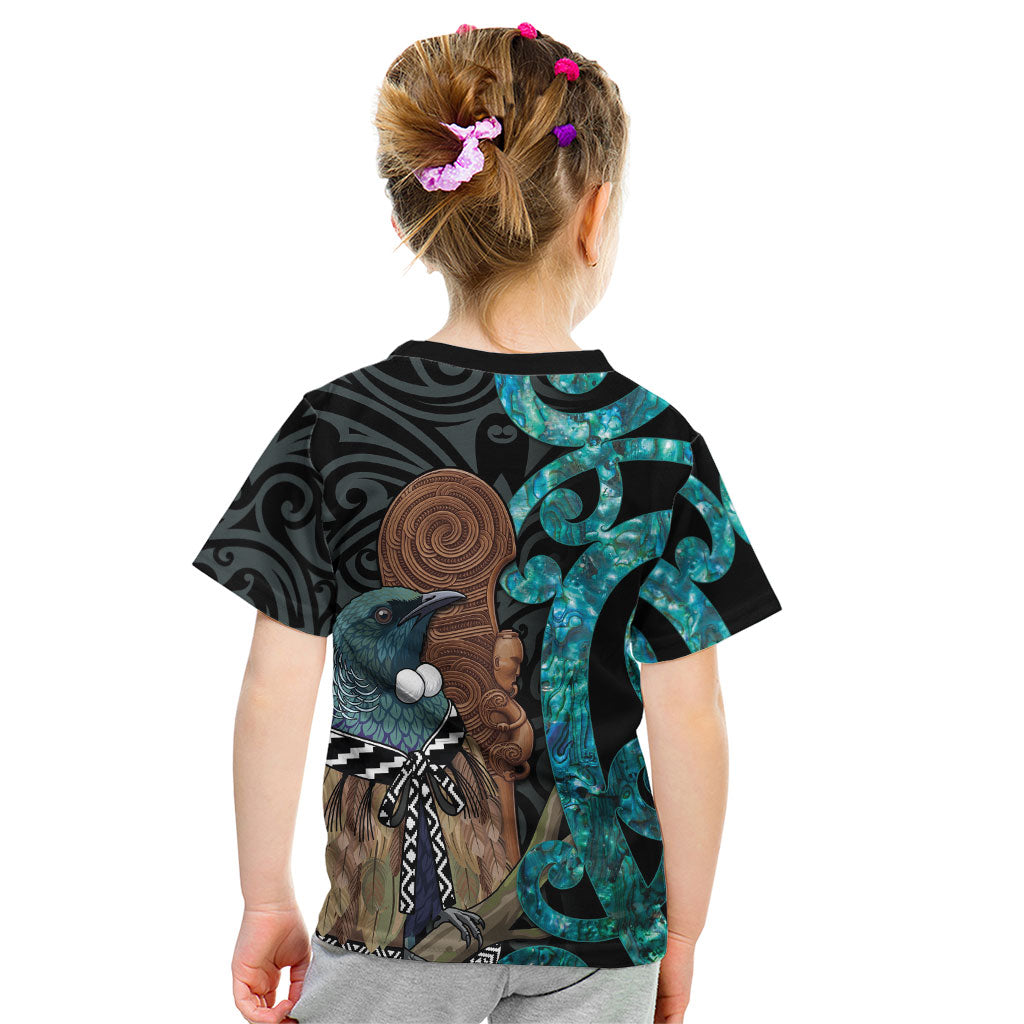 New Zealand Tui Bird Wahaika Kid T Shirt Maori Weapon Paua Shell Koru Pattern