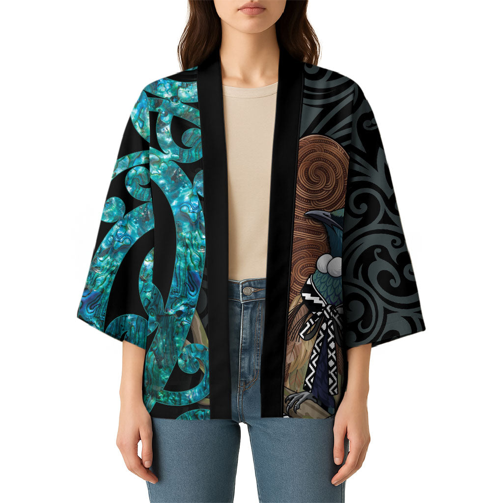 New Zealand Tui Bird Wahaika Kimono Maori Weapon Paua Shell Koru Pattern