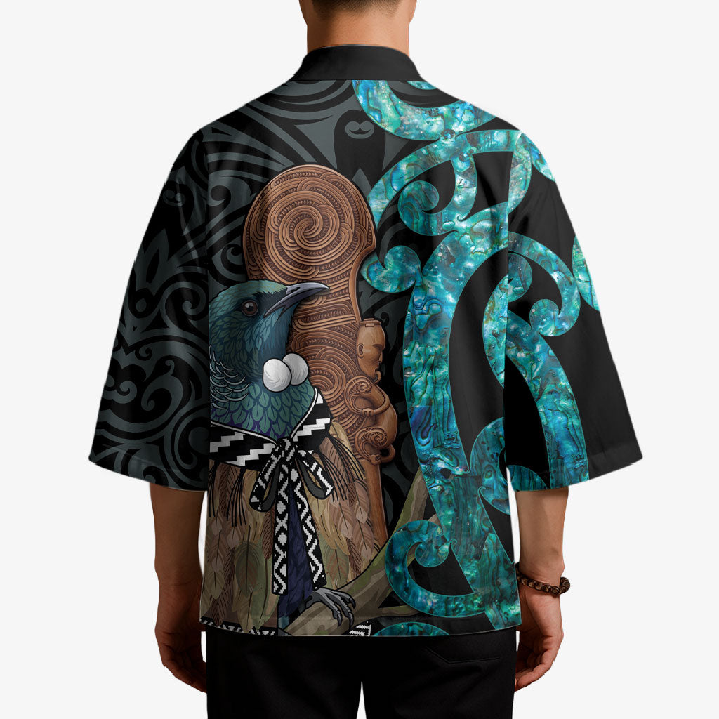 New Zealand Tui Bird Wahaika Kimono Maori Weapon Paua Shell Koru Pattern