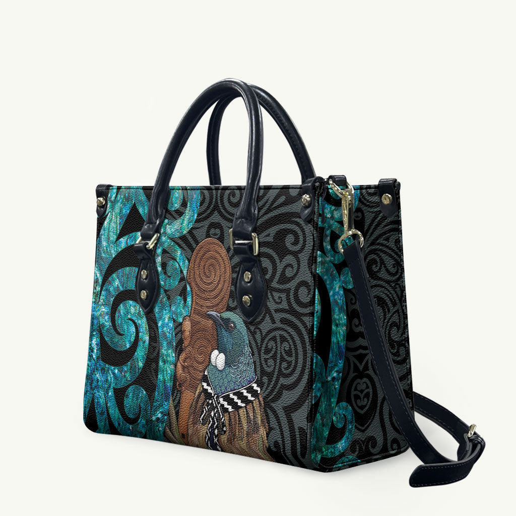 New Zealand Tui Bird Wahaika Leather Bag Maori Weapon Paua Shell Koru Pattern