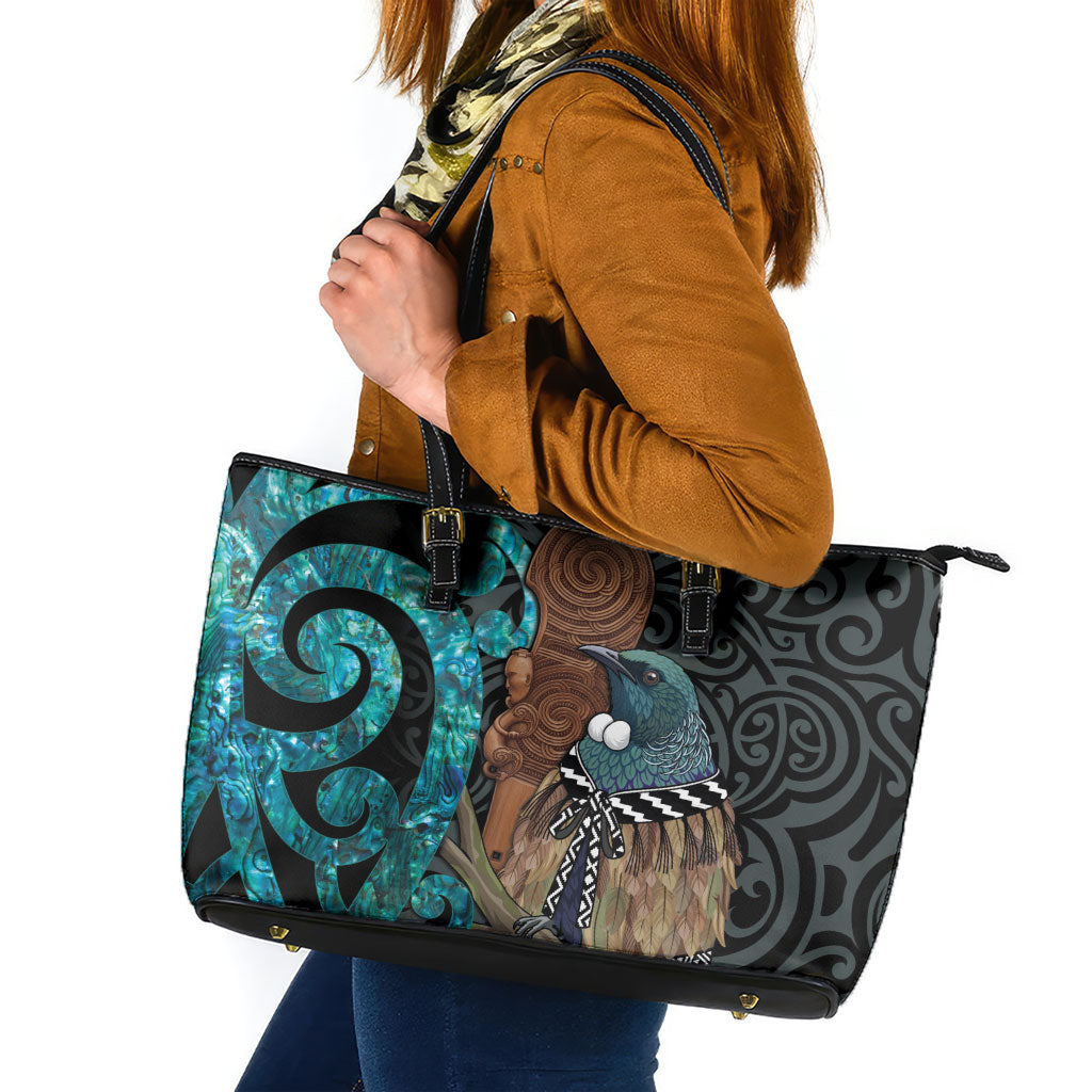 New Zealand Tui Bird Wahaika Leather Tote Bag Maori Weapon Paua Shell Koru Pattern