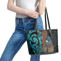 New Zealand Tui Bird Wahaika Leather Tote Bag Maori Weapon Paua Shell Koru Pattern