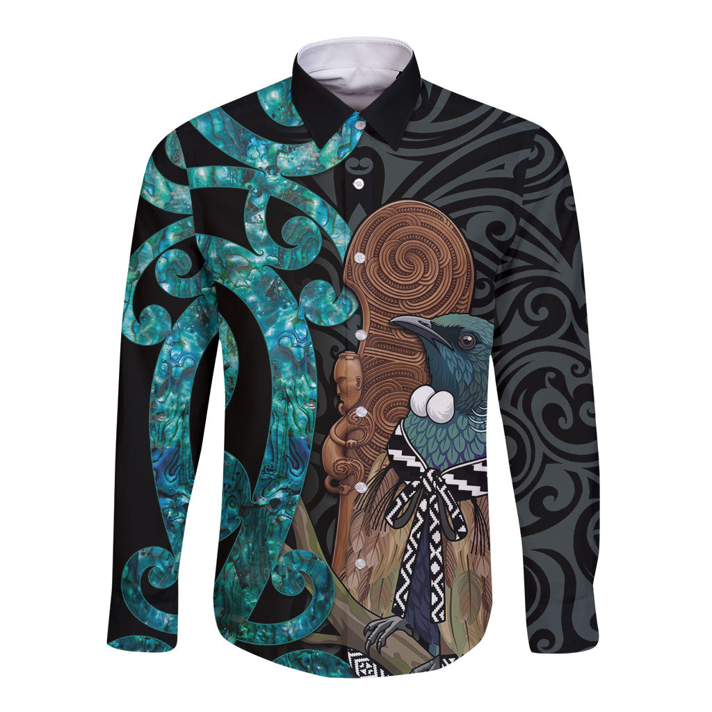 New Zealand Tui Bird Wahaika Long Sleeve Button Shirt Maori Weapon Paua Shell Koru Pattern