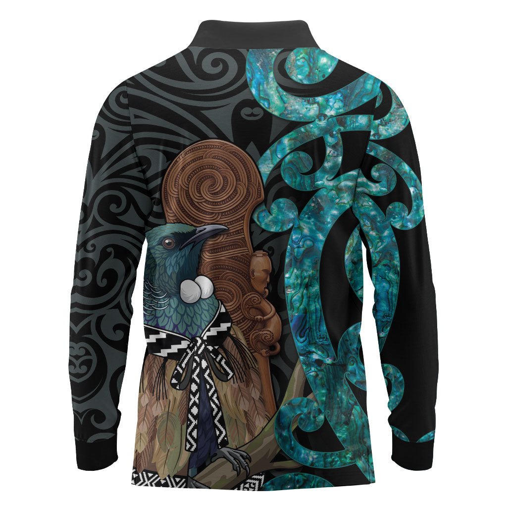 New Zealand Tui Bird Wahaika Long Sleeve Polo Shirt Maori Weapon Paua Shell Koru Pattern