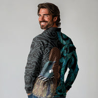 New Zealand Tui Bird Wahaika Long Sleeve Polo Shirt Maori Weapon Paua Shell Koru Pattern