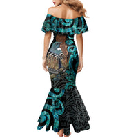 New Zealand Tui Bird Wahaika Mermaid Dress Maori Weapon Paua Shell Koru Pattern