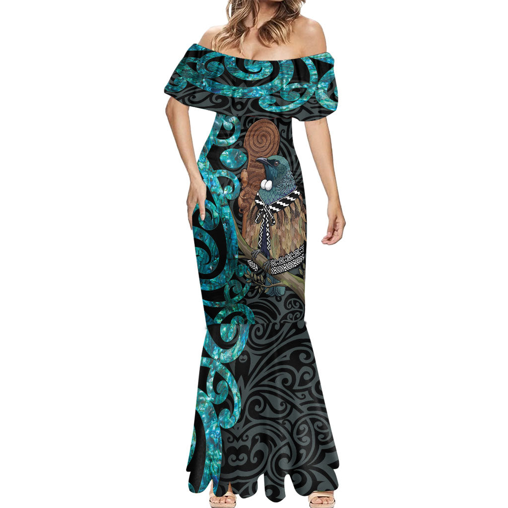 New Zealand Tui Bird Wahaika Mermaid Dress Maori Weapon Paua Shell Koru Pattern