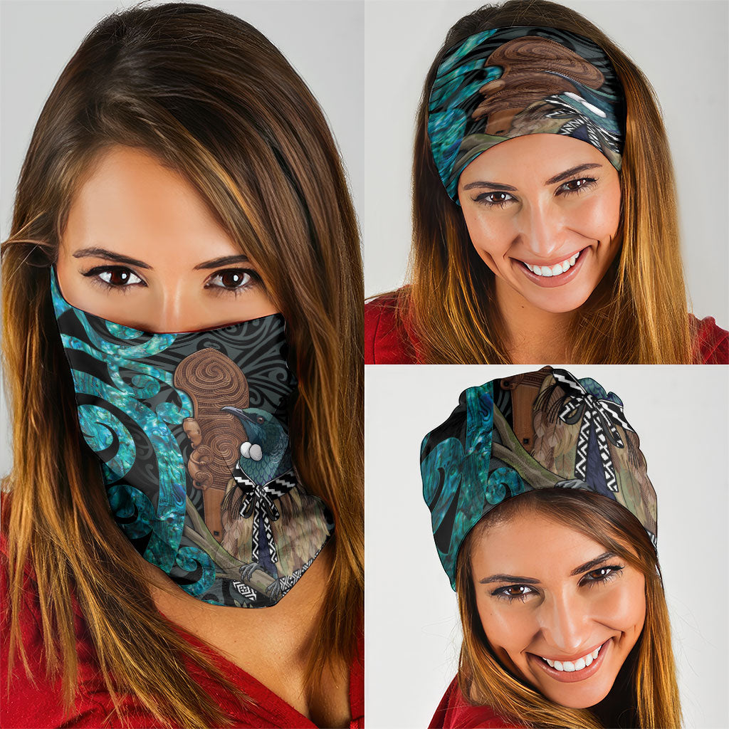 New Zealand Tui Bird Wahaika Neck Gaiter Maori Weapon Paua Shell Koru Pattern