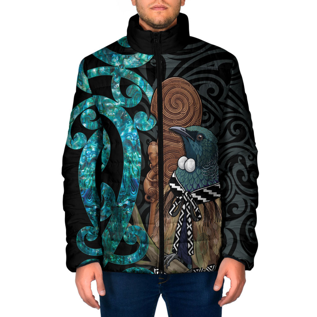 New Zealand Tui Bird Wahaika Padded Jacket Maori Weapon Paua Shell Koru Pattern