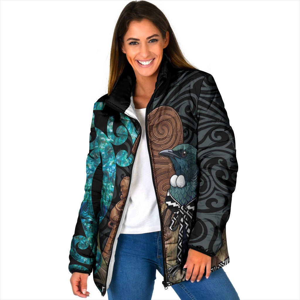 New Zealand Tui Bird Wahaika Padded Jacket Maori Weapon Paua Shell Koru Pattern
