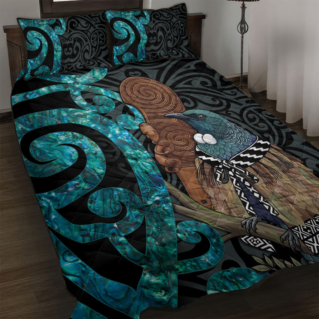 New Zealand Tui Bird Wahaika Quilt Bed Set Maori Weapon Paua Shell Koru Pattern