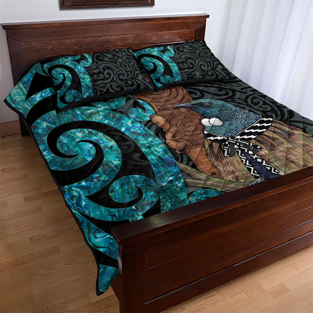 New Zealand Tui Bird Wahaika Quilt Bed Set Maori Weapon Paua Shell Koru Pattern