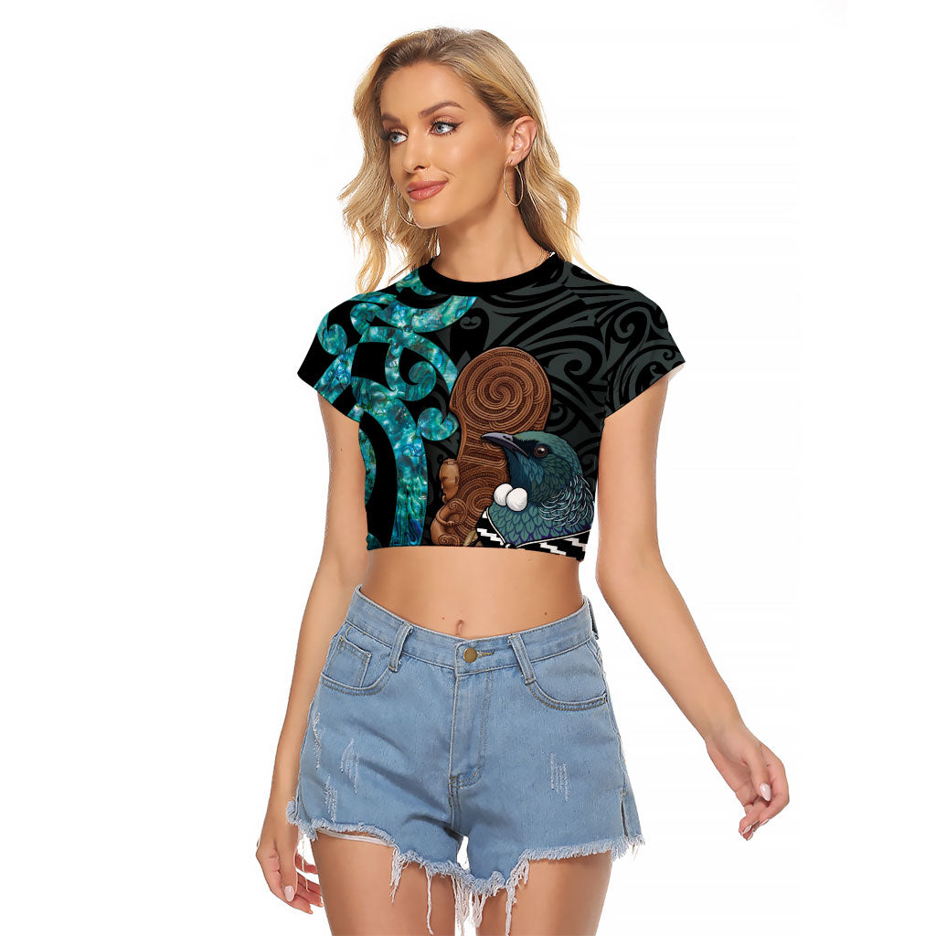New Zealand Tui Bird Wahaika Raglan Cropped T Shirt Maori Weapon Paua Shell Koru Pattern