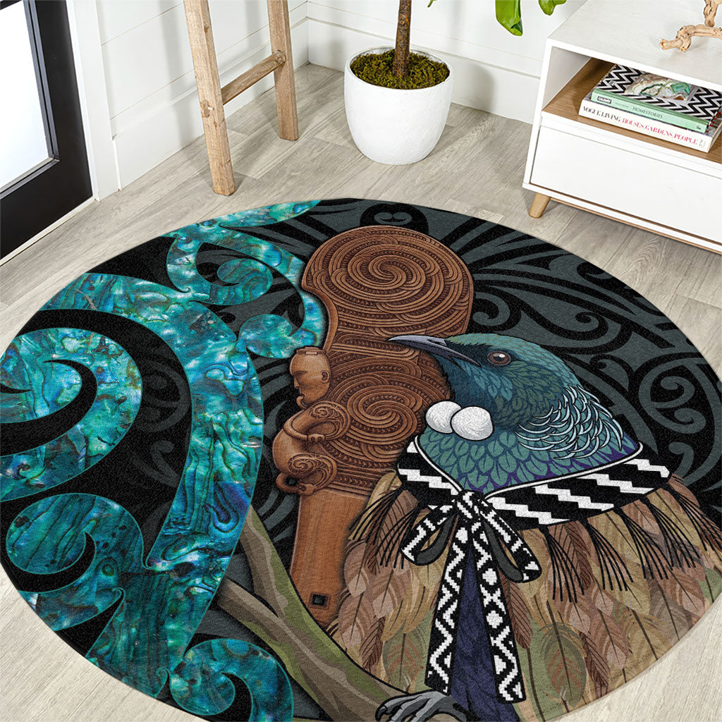 New Zealand Tui Bird Wahaika Round Carpet Maori Weapon Paua Shell Koru Pattern LT22 Black - Polynesian Pride