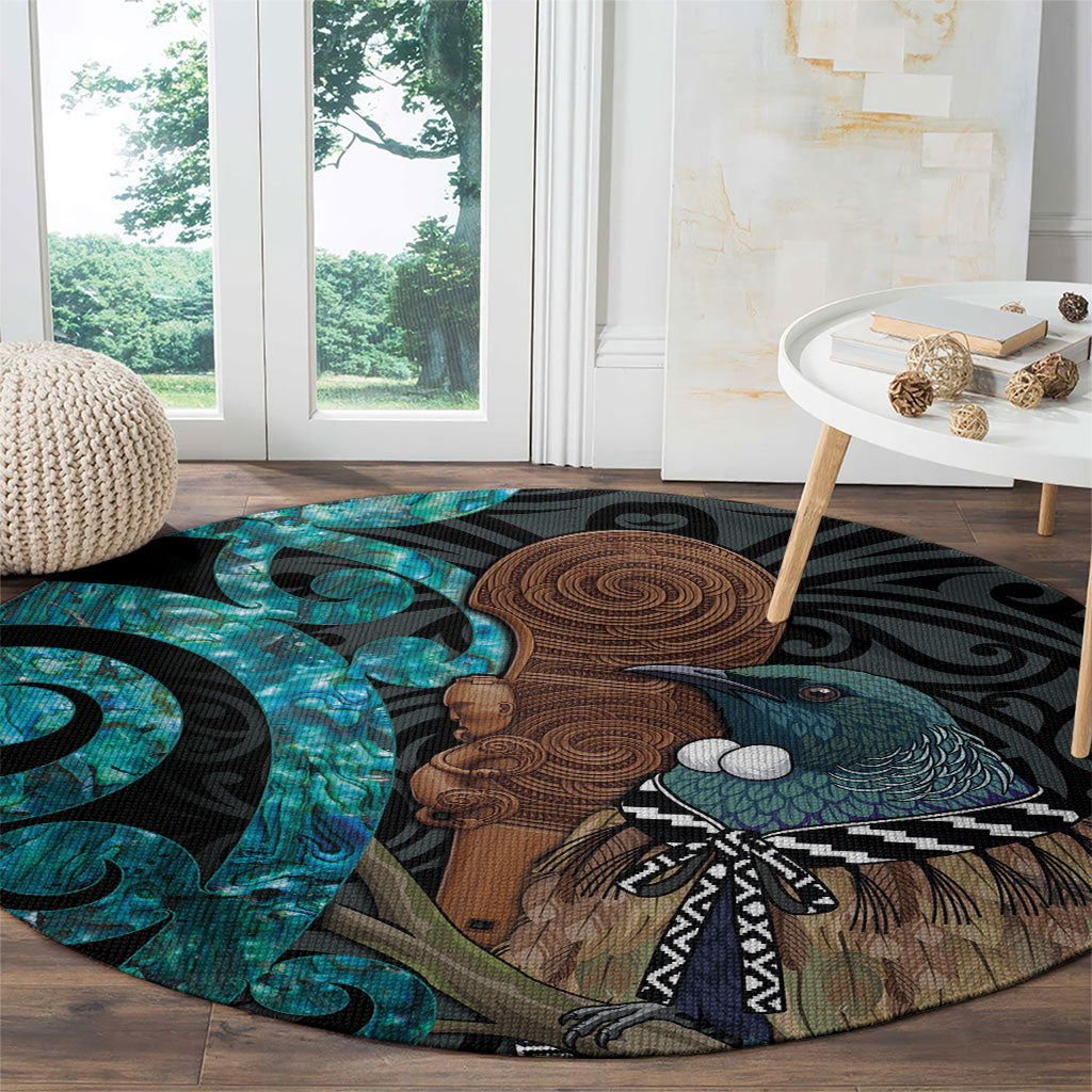 New Zealand Tui Bird Wahaika Round Carpet Maori Weapon Paua Shell Koru Pattern