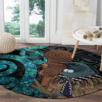 New Zealand Tui Bird Wahaika Round Carpet Maori Weapon Paua Shell Koru Pattern