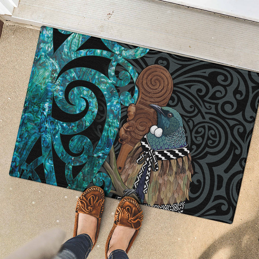 New Zealand Tui Bird Wahaika Rubber Doormat Maori Weapon Paua Shell Koru Pattern