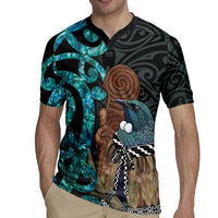 New Zealand Tui Bird Wahaika Rugby Jersey Maori Weapon Paua Shell Koru Pattern