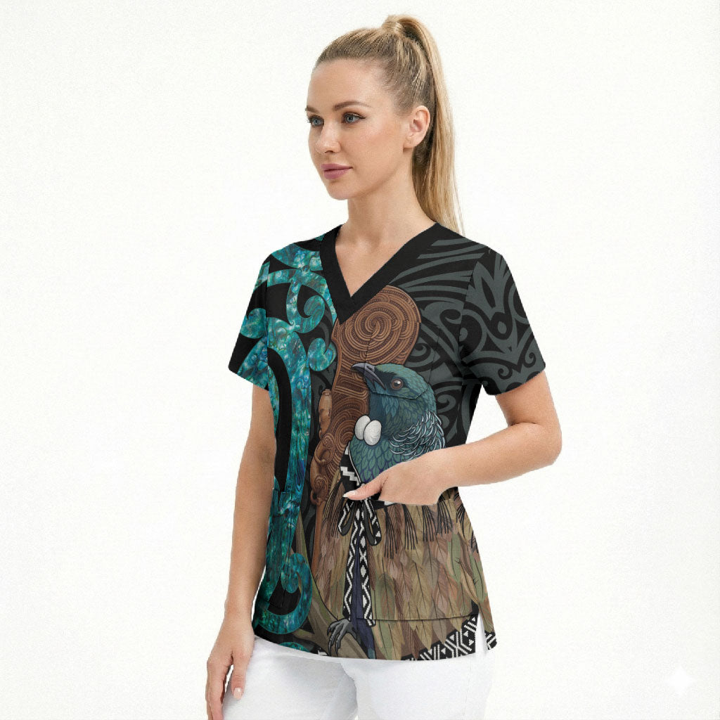 New Zealand Tui Bird Wahaika Scrub Top Maori Weapon Paua Shell Koru Pattern
