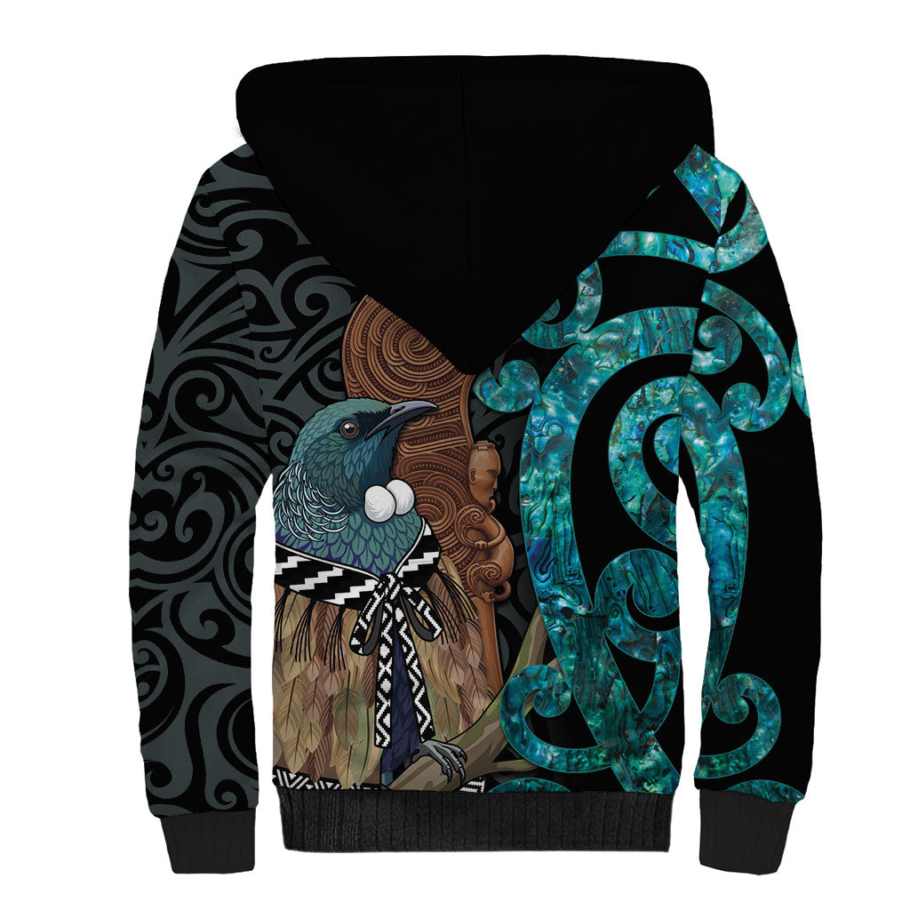 New Zealand Tui Bird Wahaika Sherpa Hoodie Maori Weapon Paua Shell Koru Pattern