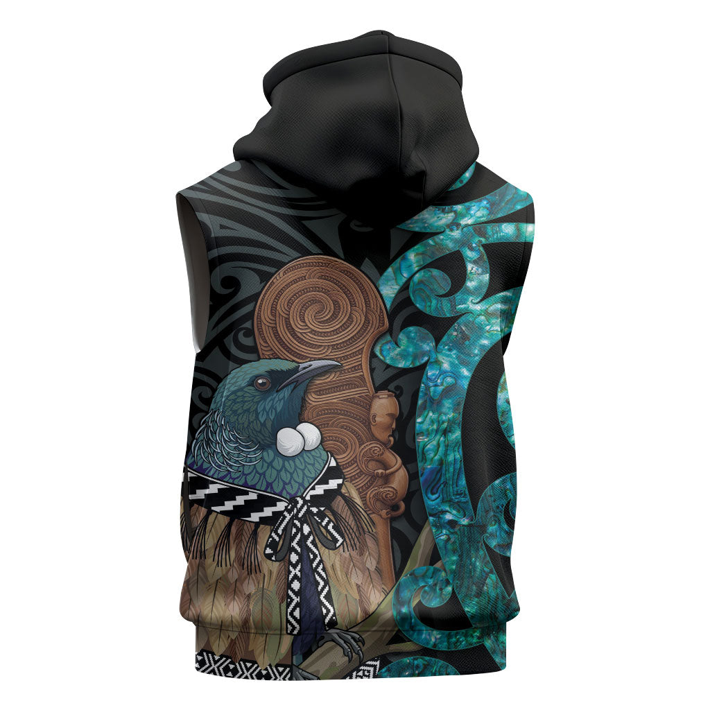 New Zealand Tui Bird Wahaika Sleeveless Zip Hoodie Maori Weapon Paua Shell Koru Pattern