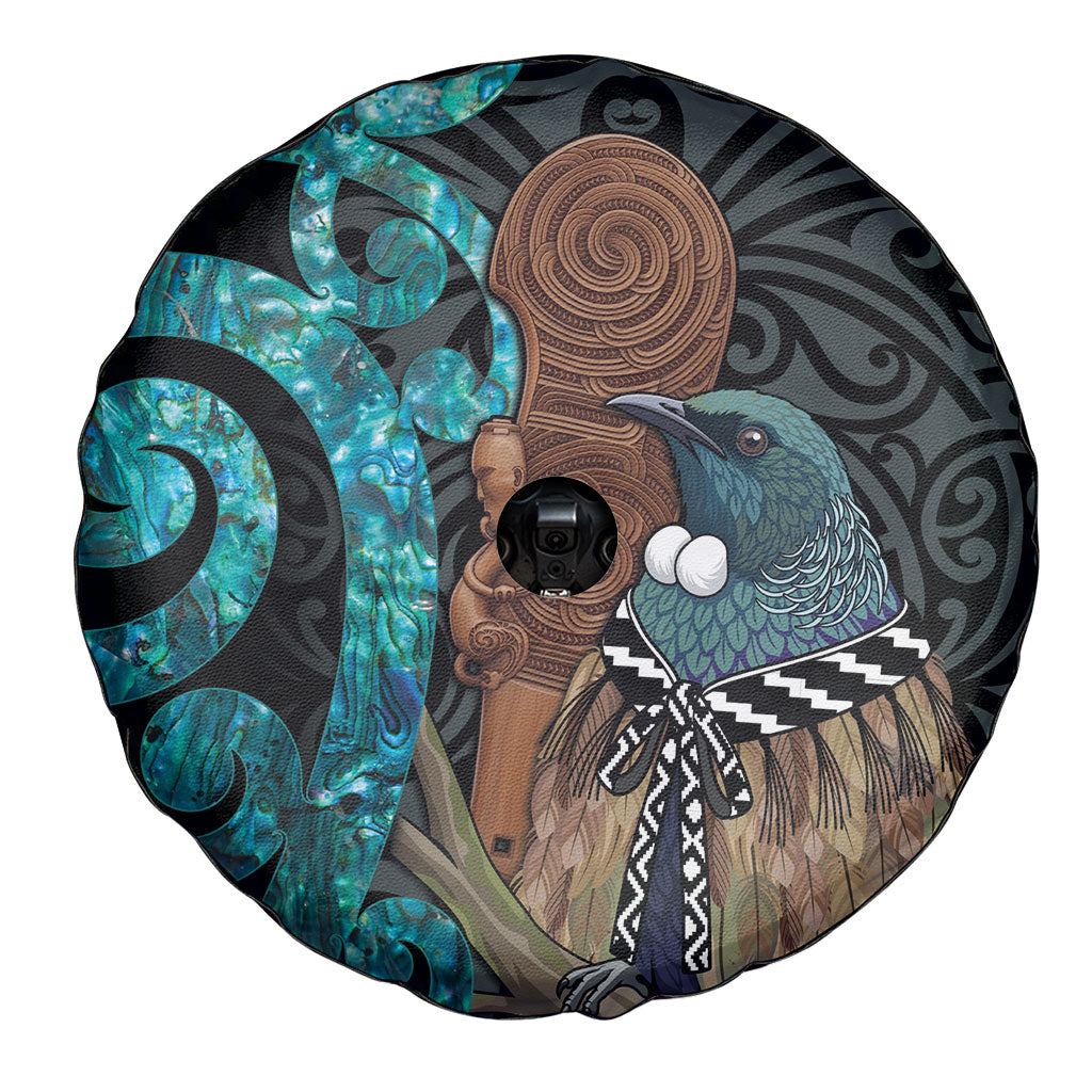 New Zealand Tui Bird Wahaika Spare Tire Cover Maori Weapon Paua Shell Koru Pattern