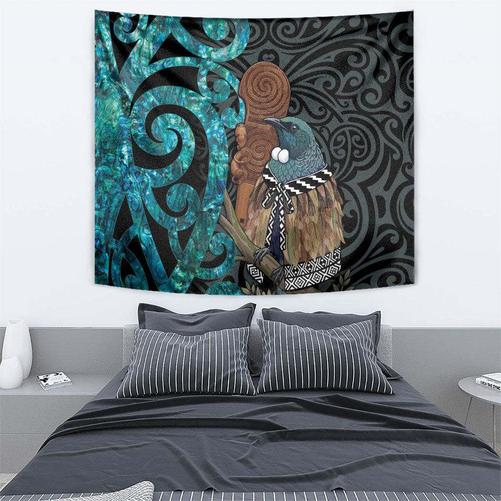 New Zealand Tui Bird Wahaika Tapestry Maori Weapon Paua Shell Koru Pattern