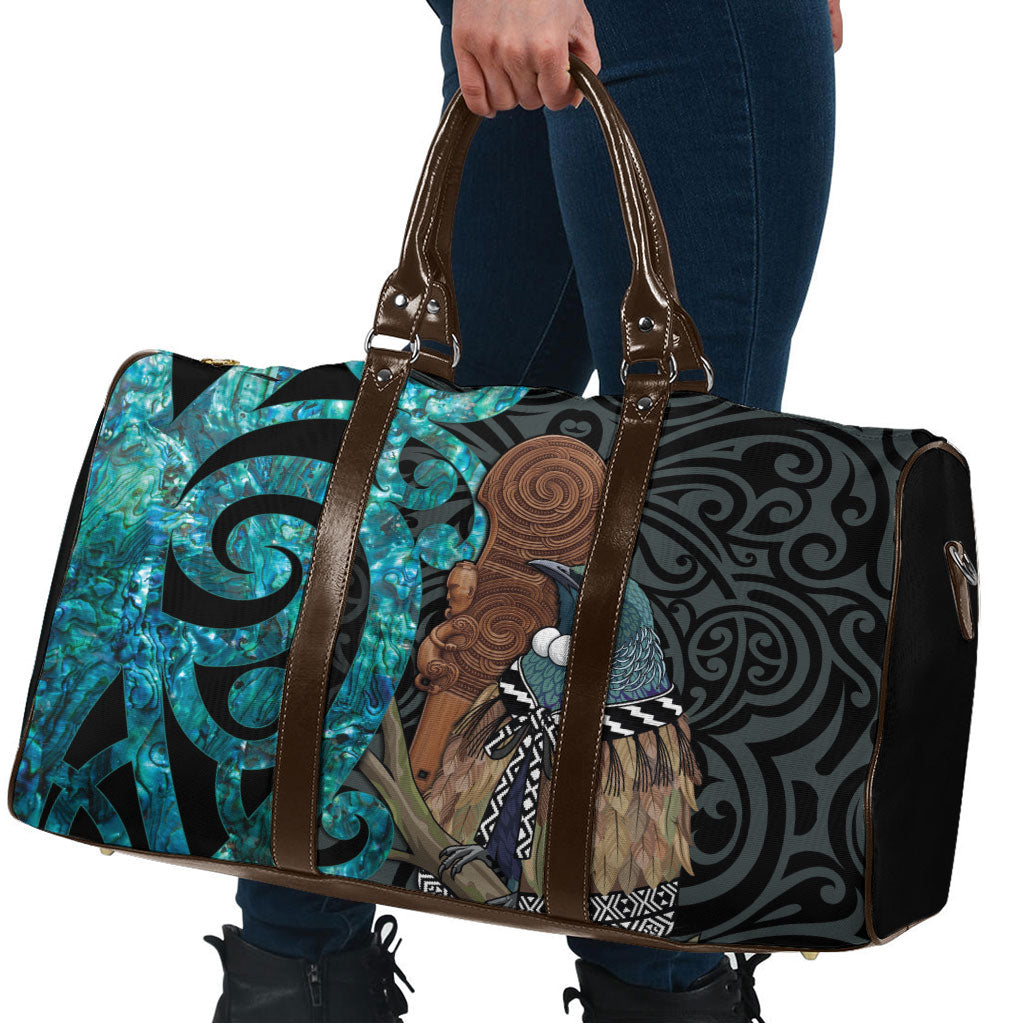 New Zealand Tui Bird Wahaika Travel Bag Maori Weapon Paua Shell Koru Pattern