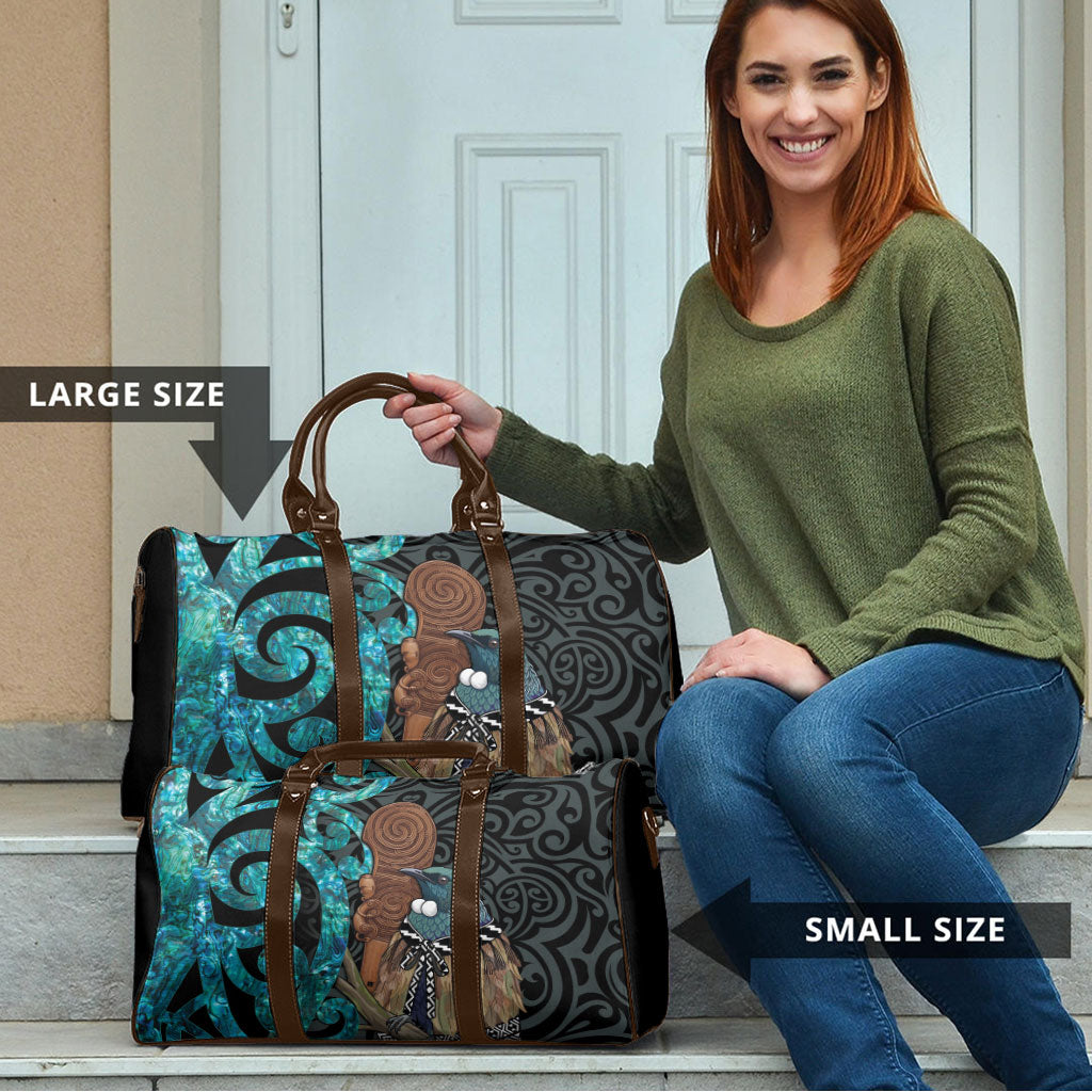 New Zealand Tui Bird Wahaika Travel Bag Maori Weapon Paua Shell Koru Pattern