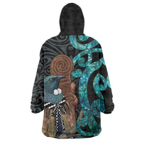 New Zealand Tui Bird Wahaika Wearable Blanket Hoodie Maori Weapon Paua Shell Koru Pattern