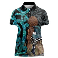 New Zealand Tui Bird Wahaika Women Polo Shirt Maori Weapon Paua Shell Koru Pattern