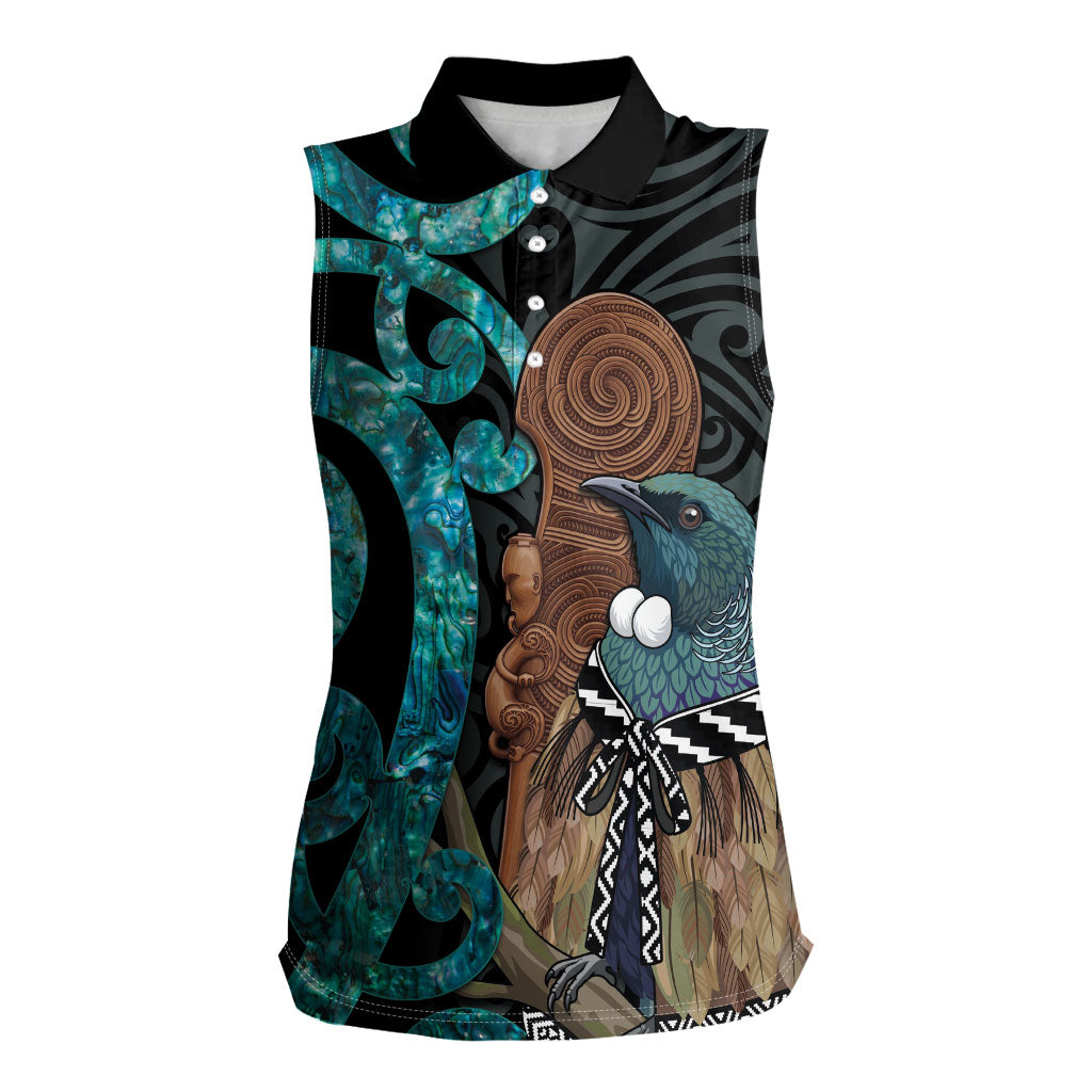 New Zealand Tui Bird Wahaika Women Sleeveless Polo Shirt Maori Weapon Paua Shell Koru Pattern