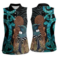 New Zealand Tui Bird Wahaika Women Sleeveless Polo Shirt Maori Weapon Paua Shell Koru Pattern