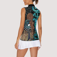 New Zealand Tui Bird Wahaika Women Sleeveless Polo Shirt Maori Weapon Paua Shell Koru Pattern