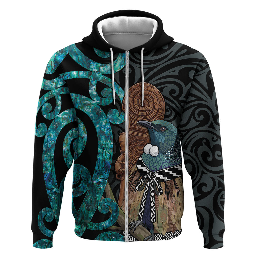 New Zealand Tui Bird Wahaika Zip Hoodie Maori Weapon Paua Shell Koru Pattern