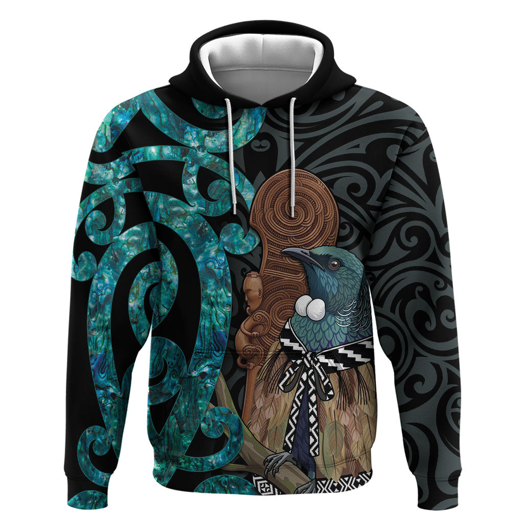 New Zealand Tui Bird Wahaika Zip Hoodie Maori Weapon Paua Shell Koru Pattern