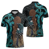 New Zealand Tui Bird Wahaika Zipper Polo Shirt Maori Weapon Paua Shell Koru Pattern