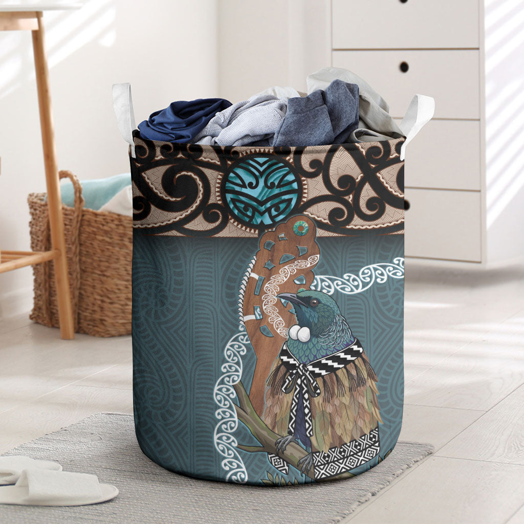 New Zealand Tui Bird Maripi Laundry Basket Maori Weapon Kowhaiwhai Pattern LT22 Slate Blue - Polynesian Pride